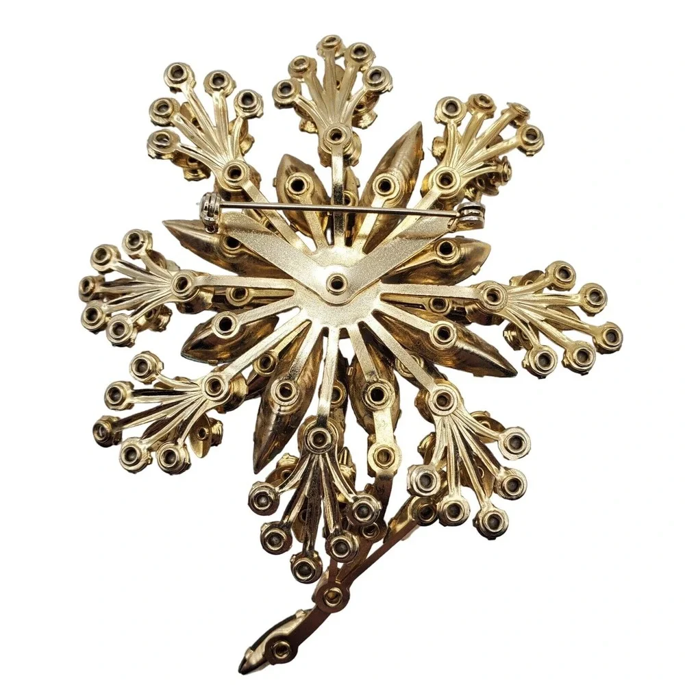 Huge Vintage Brown Rhinestone Brooch AB Floral Spray Flower Giant Oversized Pin